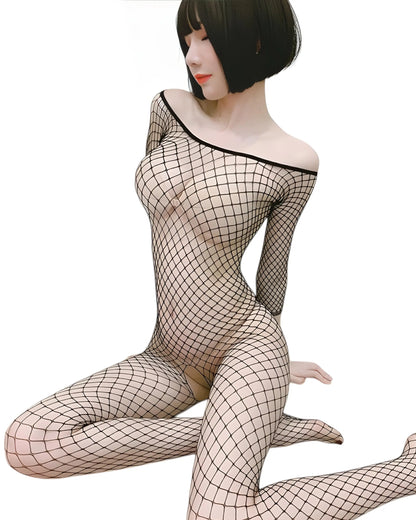 Fishnet body suit with full body stocking design, made of soft, stretchy mesh for a comfortable and flattering fit posing