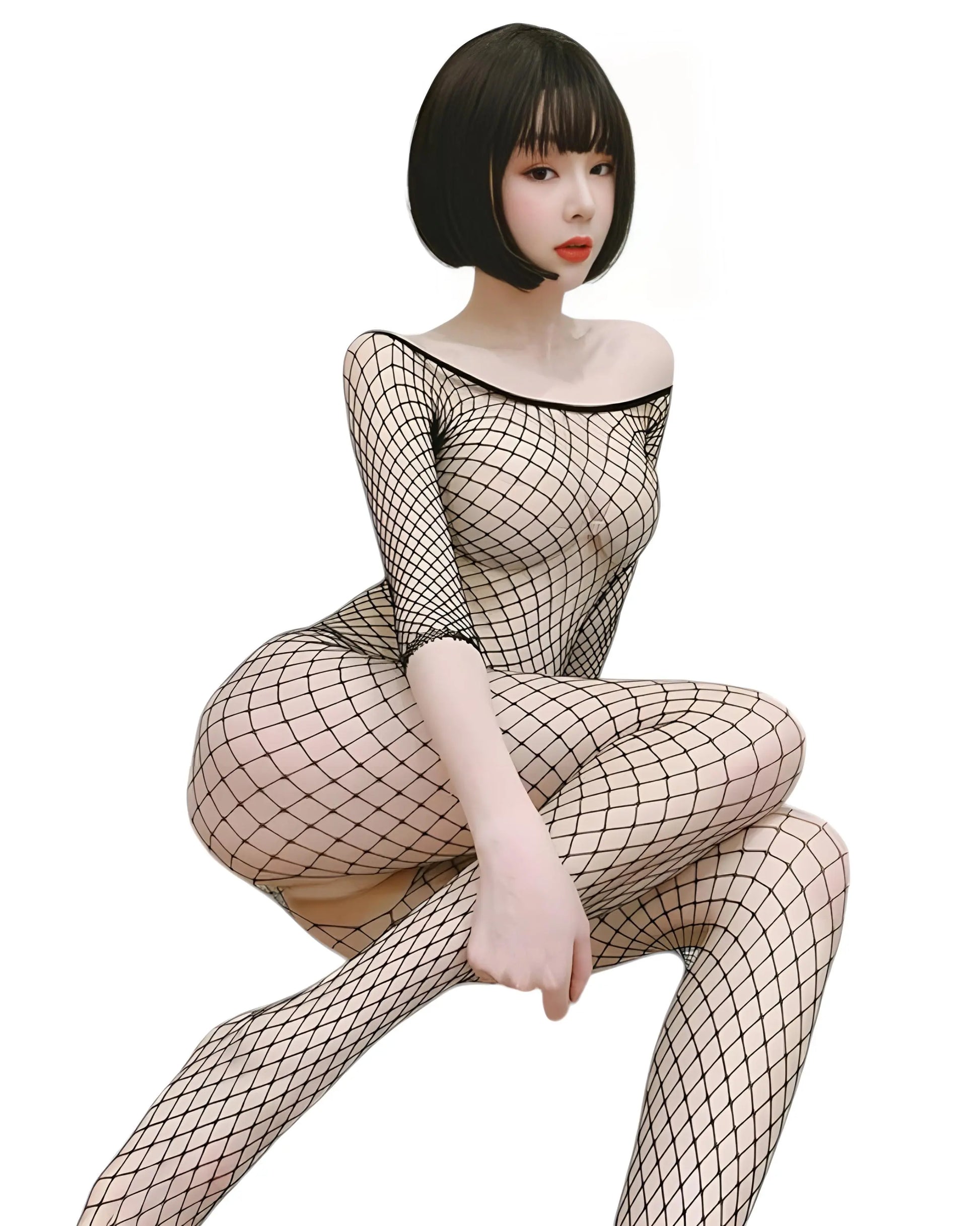 Fishnet body suit with full body stocking design, made of soft, stretchy mesh for a comfortable and flattering fit lying down