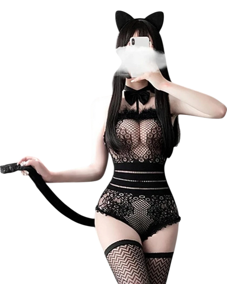 Person wearing a black lace lingerie set with cat ears and a tail on a white background