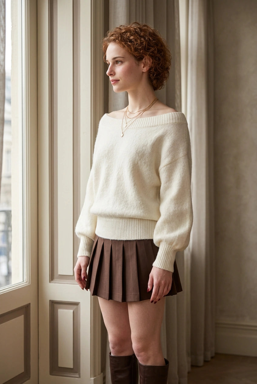 Ivory fluffy off shoulder sweater shown from the side with brown pleated skirt