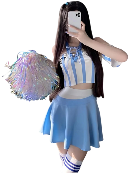 Person in a blue and white cheerleading outfit with pom-poms on a white background