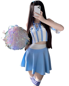 Person in a blue and white cheerleading outfit with pom-poms on a white background