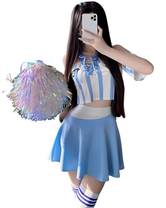Person in a blue and white cheerleading outfit with pom-poms on a white background