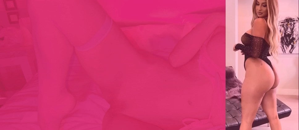 A woman modeling black lingerie in a bedroom setting, with a large pink overlay covering most of the left side of the image.
