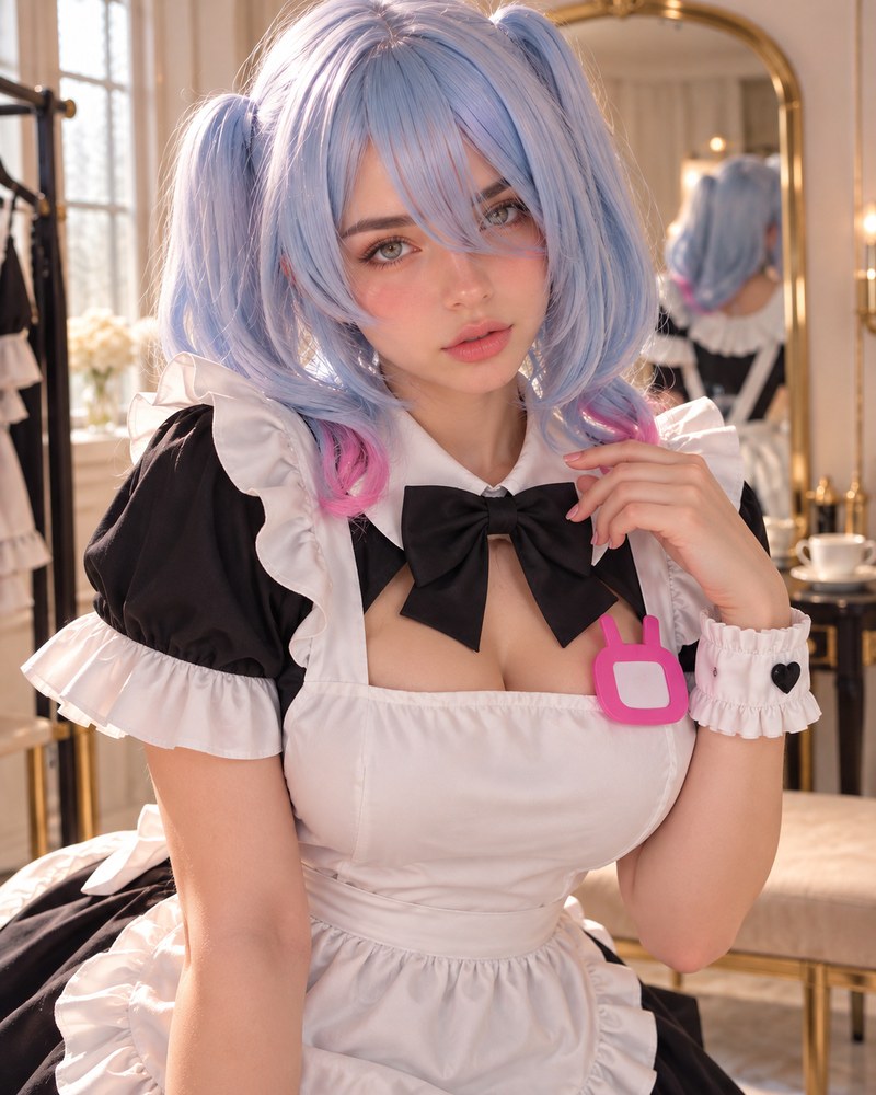 Model wearing a ruffled black and white maid cosplay dress in a vanity room.