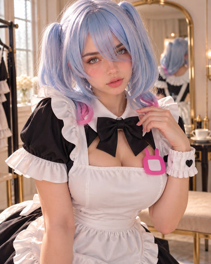 Model wearing a ruffled black and white maid cosplay dress in a vanity room.