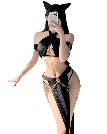 Person wearing a black and gold cat-themed outfit with a white background