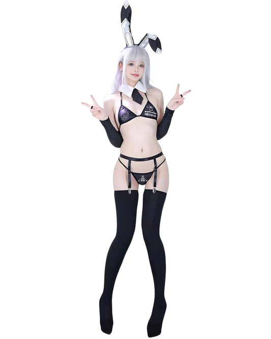 Person wearing a black bunny costume with white hair on a white background