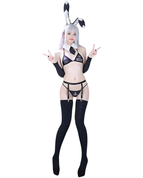 Person wearing a black bunny costume with white hair on a white background
