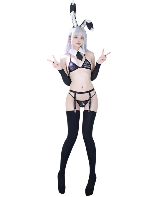 Person wearing a black bunny costume with white hair on a white background