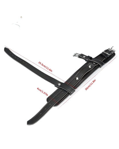 Black faux leather harness strap with red dimension lines and text showing measurements of 28.5cm/11.