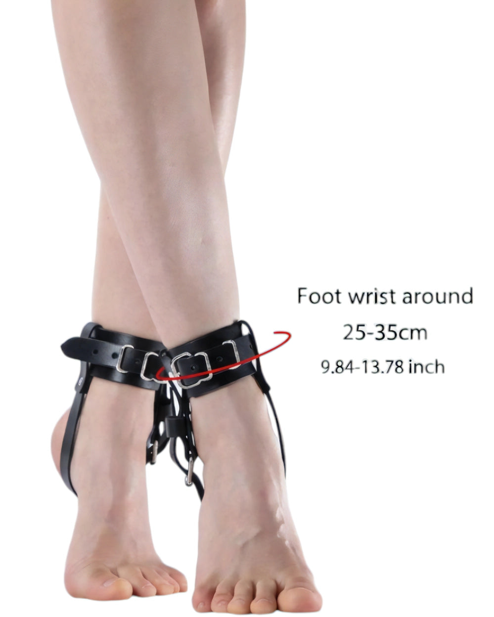 Black ankle restraint harness shown on a person's feet against a white background, with overlaid text reading 'Foot wrist around 25-35cm 9.84-13.
