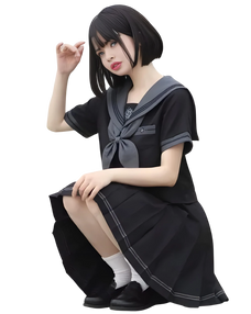 Person wearing a black and gray school uniform sitting on a white background