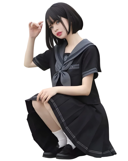 Person wearing a black and gray school uniform sitting on a white background