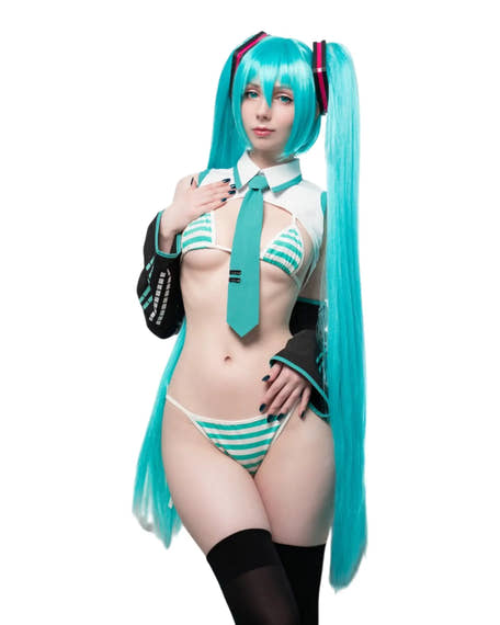 Hatsune Miku bikini swimsuit cosplay outfit with striped design, arm sleeves, vest, and tie. front