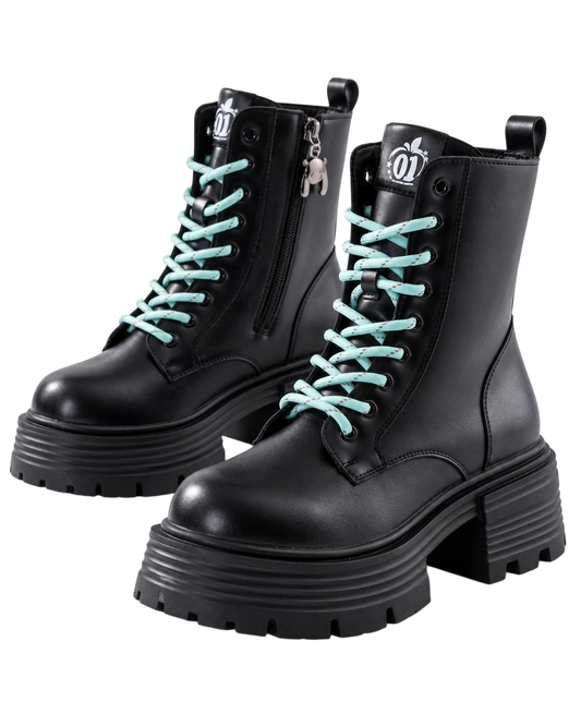 Black Hatsune Miku ankle boots with detachable aqua leg warmers