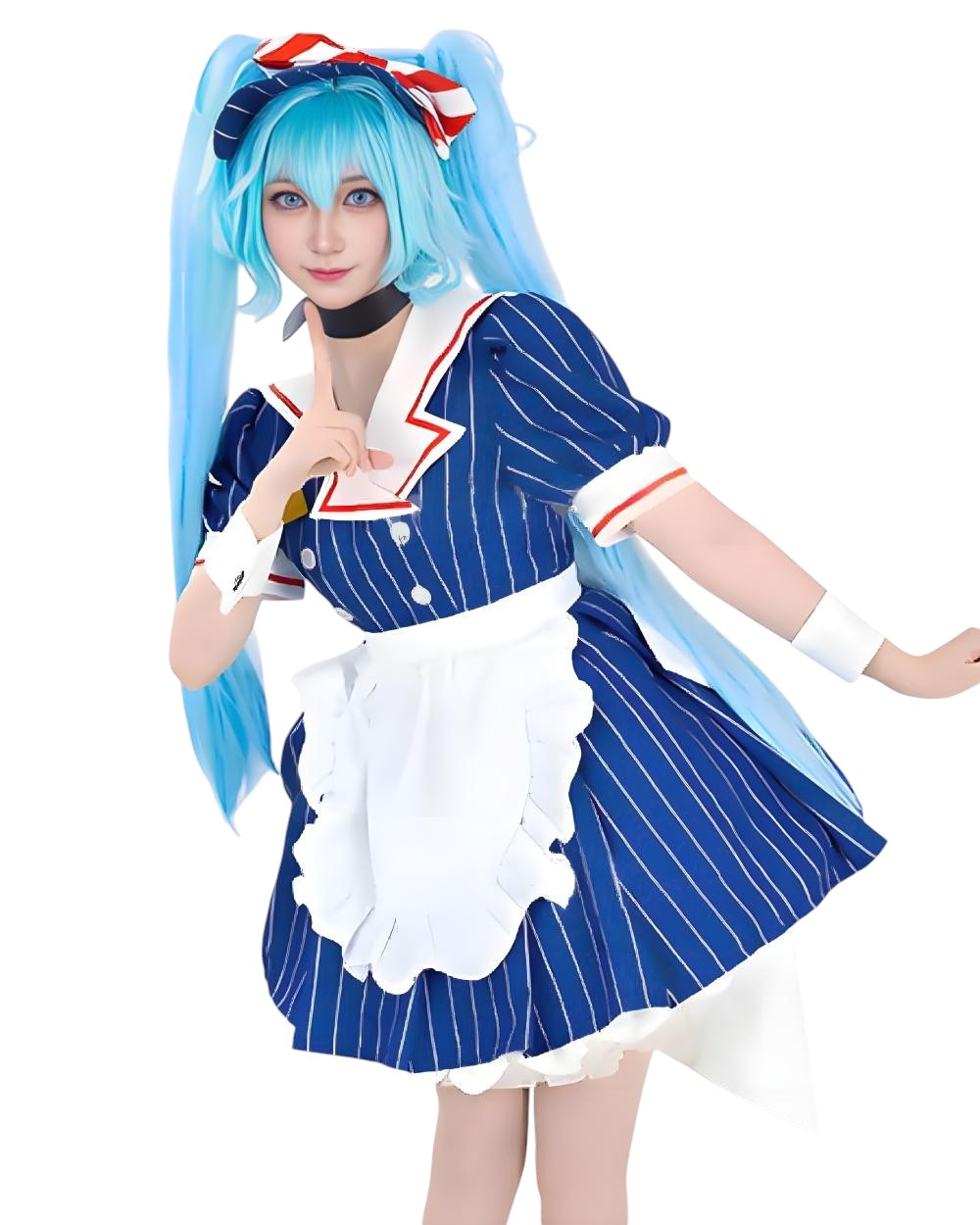 Mesmerizer Miku blue striped cosplay dress, back view