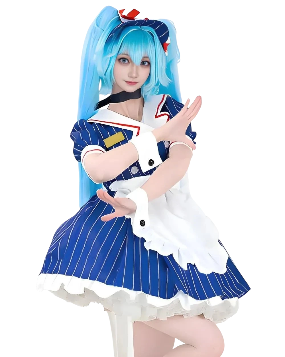 Mesmerizer Miku blue striped cosplay dress, back view