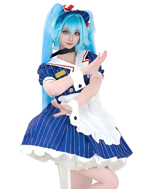 A person in a blue and white pinstriped anime-style maid outfit with bright blue pigtails, posing against a plain white background.