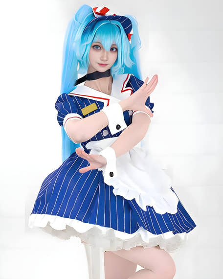 Hatsune Miku Mesmerizer Cosplay Costume - Vocaloid Blue Striped Maid Dress Set