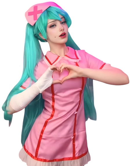 Person in a pink and green character costume on a white background