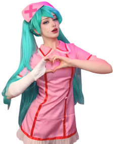 Person in a pink and green character costume on a white background