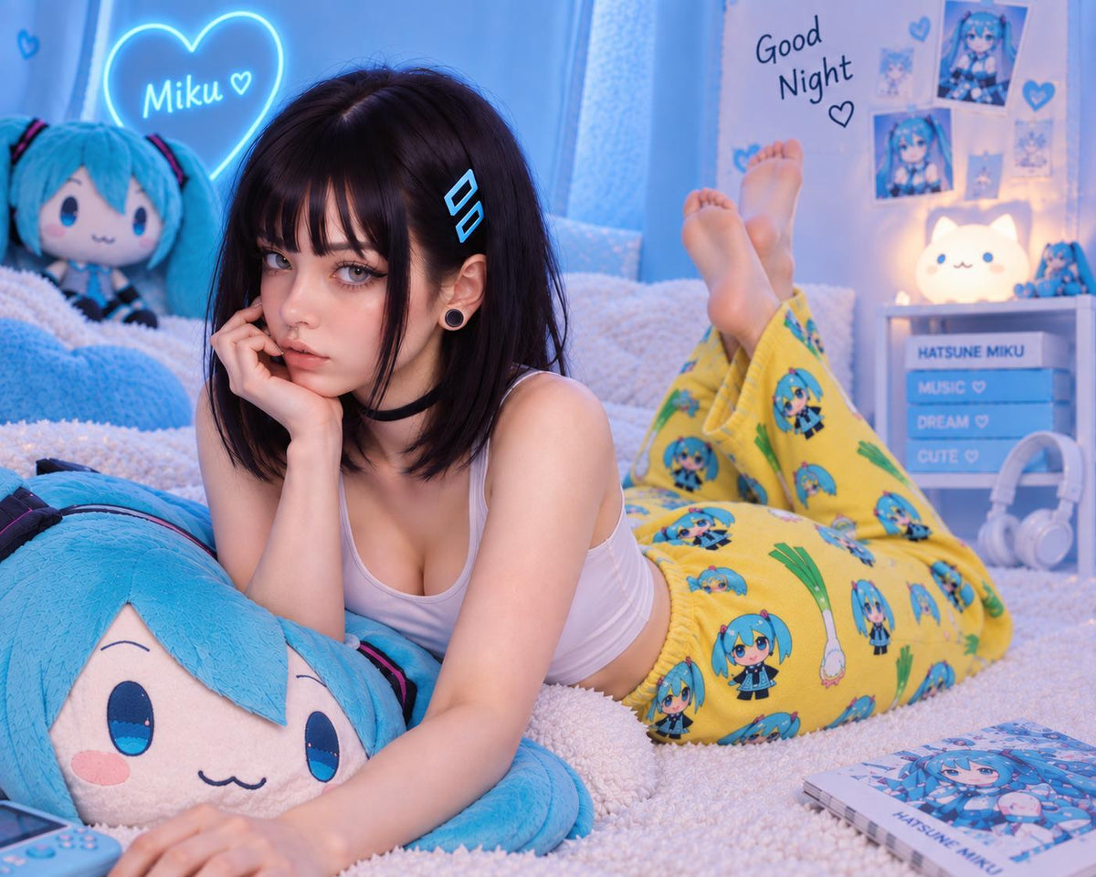 A woman with short black hair and blue eyes lies on a white bed in a blue-themed room, wearing a white tank top and yellow pajama pants with blue anime character prints. She is surrounded by Hatsune Miku plush toys, posters, and a glowing lamp.