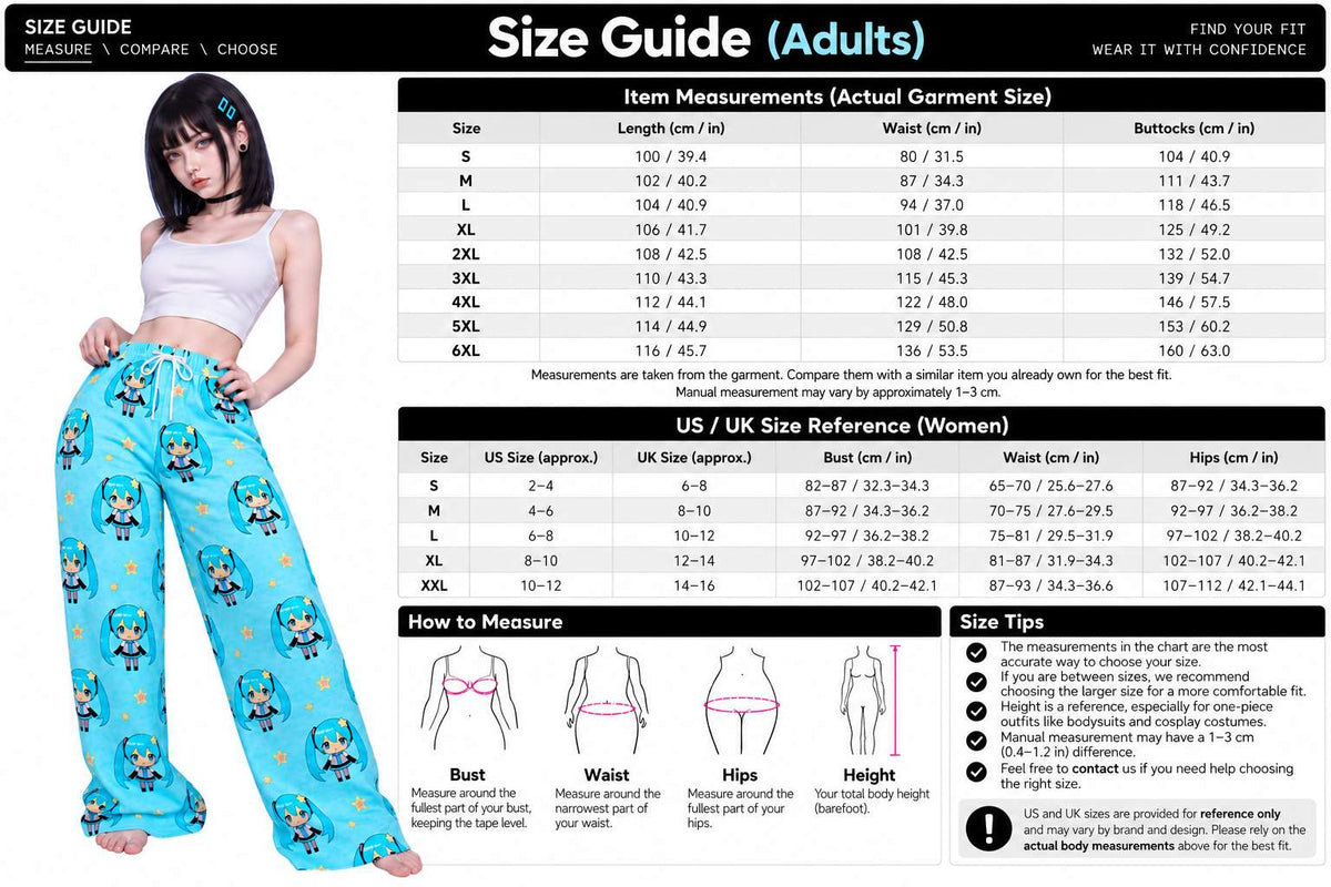 A size guide chart for apparel showing adult garment size measurements in a table format, alongside a model wearing blue patterned pajama pants and a sizing diagram with measurement instructions.