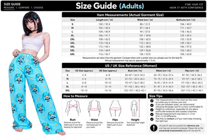 A size guide chart for apparel showing adult garment size measurements in a table format, alongside a model wearing blue patterned pajama pants and a sizing diagram with measurement instructions.