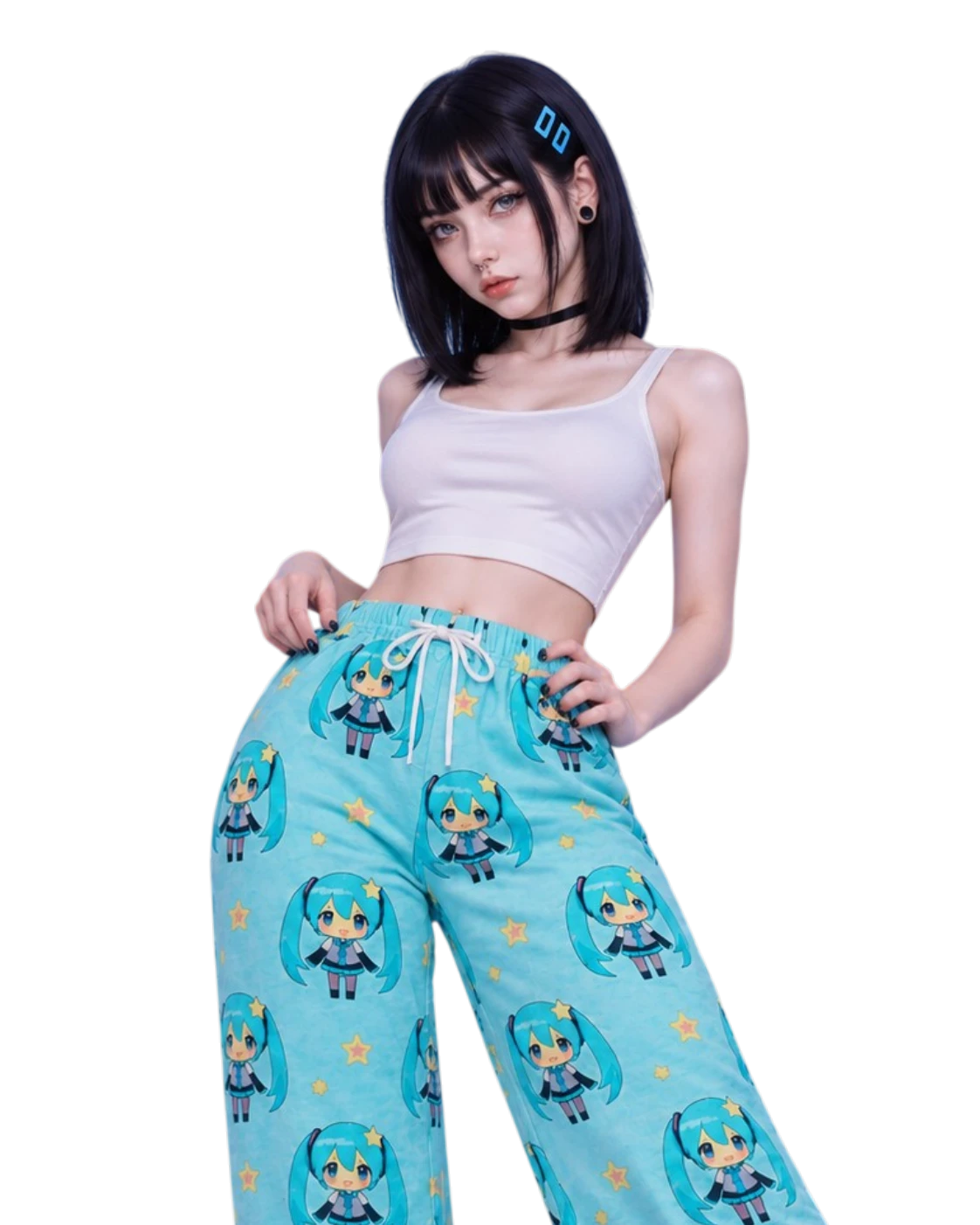 A model wearing light blue wide-leg sweatpants with a repeating chibi Hatsune Miku print, styled with a white crop top against a solid white background.