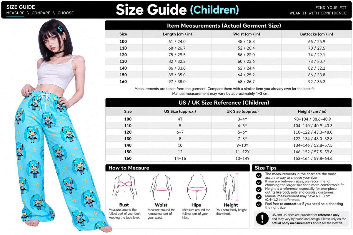 A size guide chart for children showing garment measurements in a size chart table, alongside a model wearing blue floral leggings and a white tank top, with measurement instructions and US/UK size reference tables.