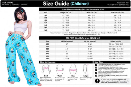 A size guide chart for children showing garment measurements in a size chart table, alongside a model wearing blue floral leggings and a white tank top, with measurement instructions and US/UK size reference tables.