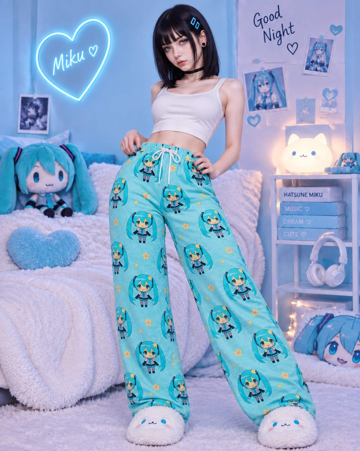 A model stands in a cozy, decorated room wearing light blue pajama pants with a repeating pattern of the character Miku, a white crop top, and white slippers. The room features a bed with plush bedding, a toy, and various anime-themed decorations.
