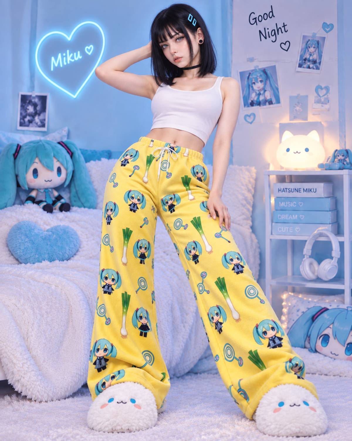 A model stands in a bedroom setting wearing bright yellow wide-leg pajama pants covered in a repeating character and green vegetable print, paired with a white crop top and fuzzy white slippers. The room is decorated with blue-themed anime props, including a plush character, a glowing heart sign that says 'Miku', and shelves with books and headphones.
