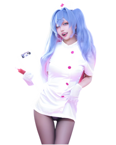 Person wearing a white outfit with pink buttons and a blue wig on a white background