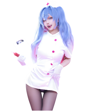 Person wearing a white outfit with pink buttons and a blue wig on a white background