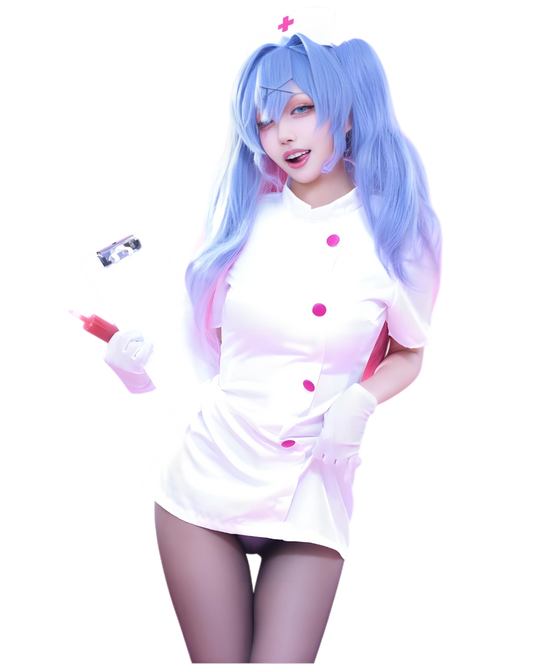 Person wearing a white outfit with pink buttons and a blue wig on a white background