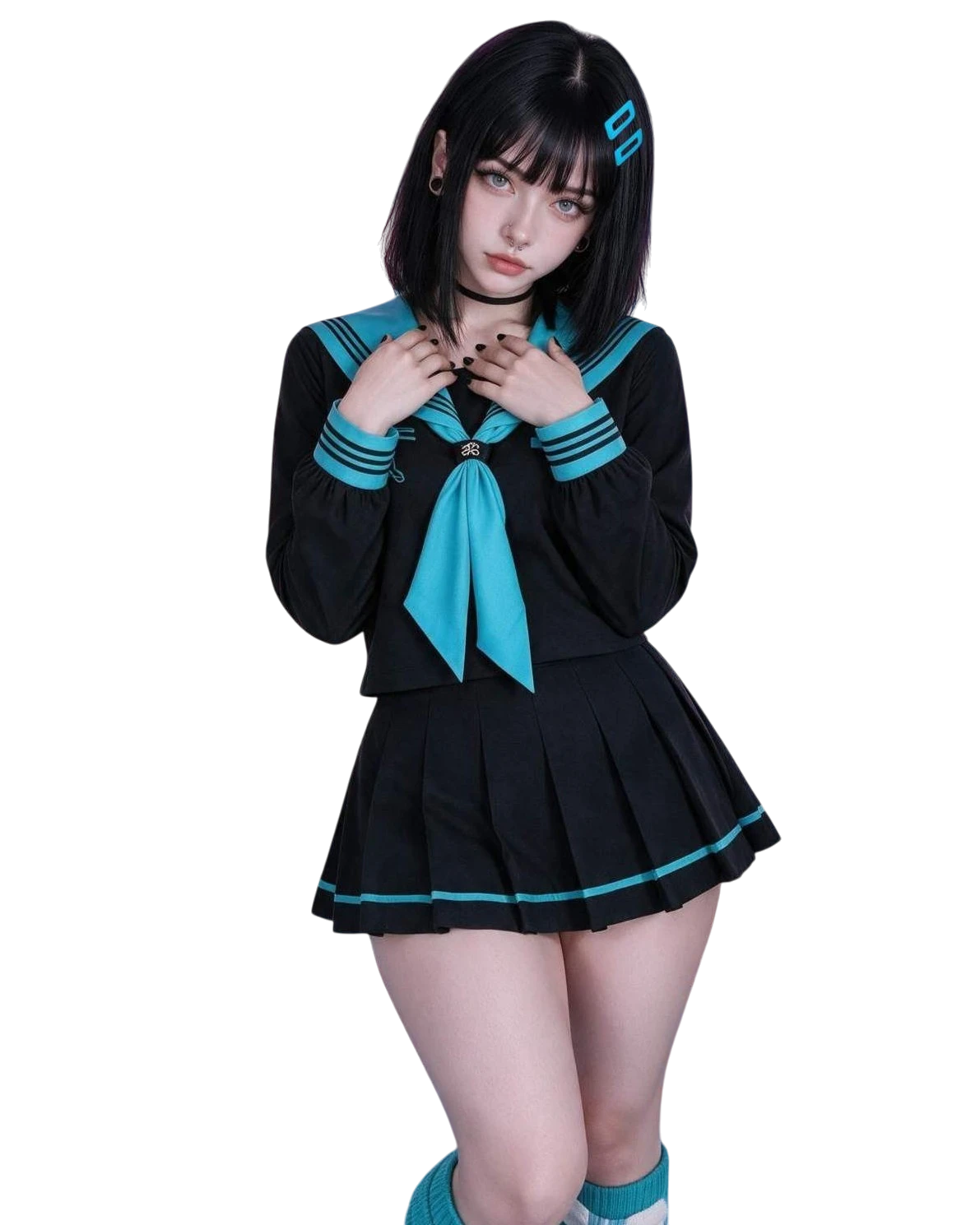 A young woman modeling a black and teal sailor fuku costume against a solid white background.