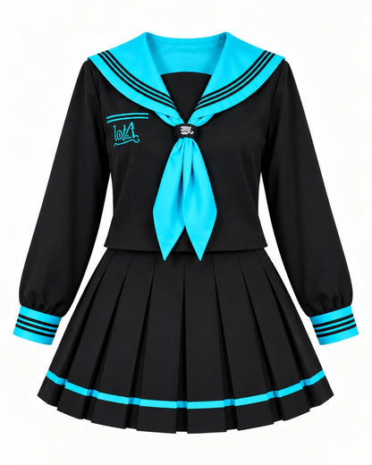 A black and turquoise blue sailor fuku costume set featuring a long-sleeve top with a pleated skirt, a large bow tie, and striped trim details.