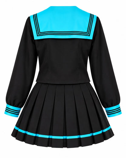A black sailor-style costume set featuring a pleated skirt and a long-sleeve top with a bright turquoise blue collar and matching blue striped trim on the cuffs and hem.