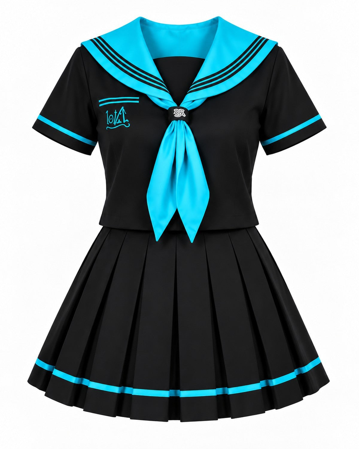A black and bright blue sailor-style costume dress with a pleated skirt, short sleeves, a large collar, and a matching necktie, shown on a plain white background.