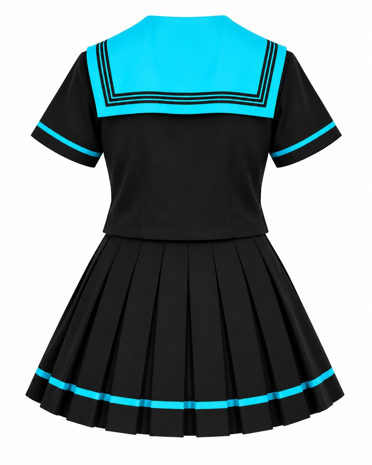 A black short-sleeve pleated dress with a bright cyan-blue collar and matching blue trim on the sleeve cuffs and hem, shown against a plain white background.