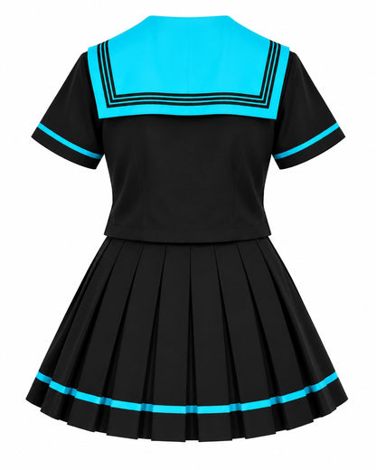 A black short-sleeve pleated dress with a bright cyan-blue collar and matching blue trim on the sleeve cuffs and hem, shown against a plain white background.
