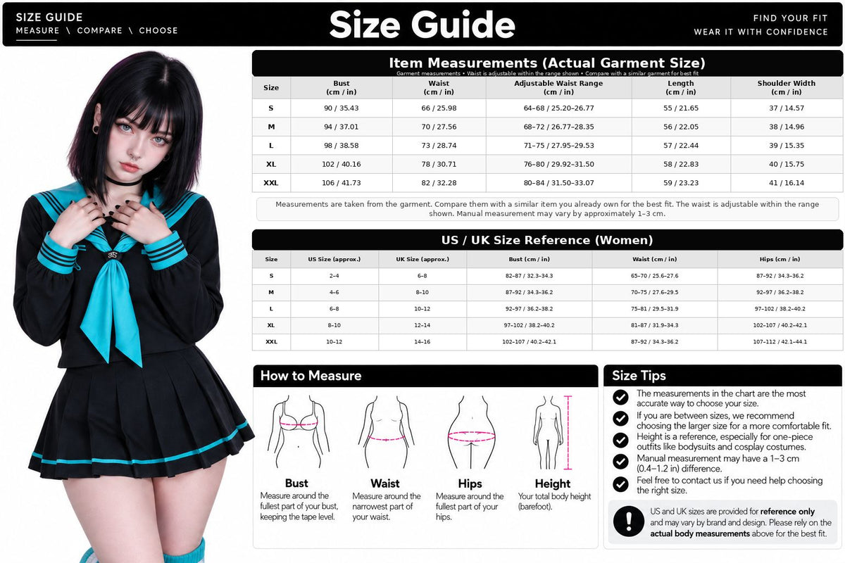 A size guide infographic for a women's dress, featuring a model wearing the dress on the left, a size chart table, a US/UK size reference chart, and a how-to-measure diagram with tips on the right.