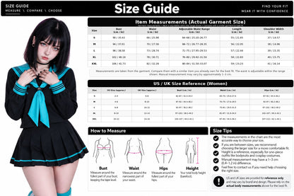 A size guide infographic for a women's dress, featuring a model wearing the dress on the left, a size chart table, a US/UK size reference chart, and a how-to-measure diagram with tips on the right.