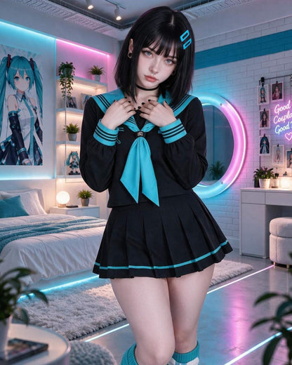 A woman stands in a stylized bedroom setting wearing a black and turquoise anime-inspired sailor fuku costume. The outfit includes a long-sleeve top with a large turquoise bow, a pleated skirt with matching trim, and matching socks.