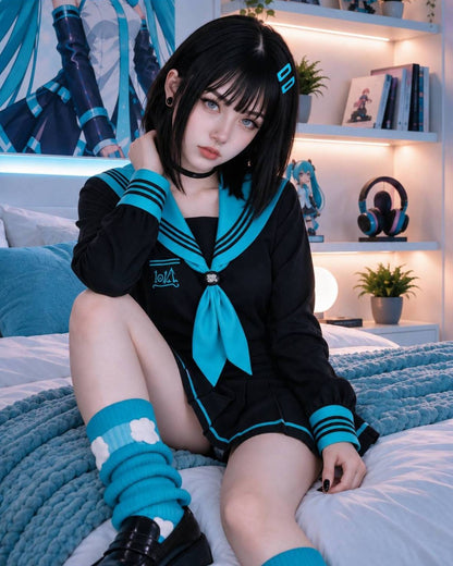 A person sitting on a bed wearing a black and teal anime-style sailor fuku outfit with matching socks, in a bedroom setting with shelves and anime decor in the background.