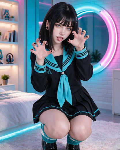 A person wearing a black and teal anime-style sailor fuku costume, crouching in a bedroom with neon lighting and a bed in the background.