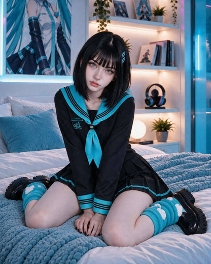 A person wearing a black and turquoise anime-style sailor fuku costume sits on a bed in a bedroom setting with shelves and blue ambient lighting in the background.