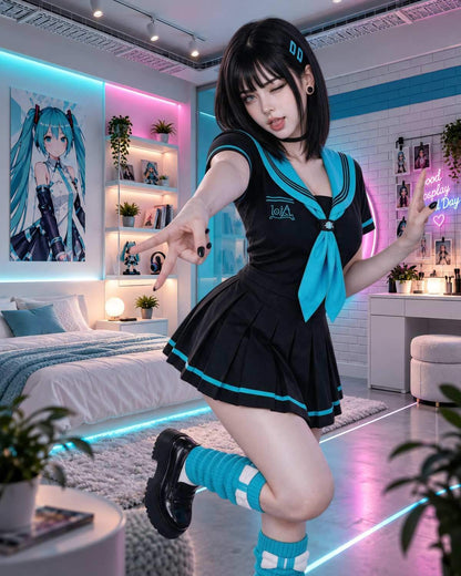 A woman posing in a black and turquoise anime-style sailor fuku dress in a modern, neon-lit bedroom.